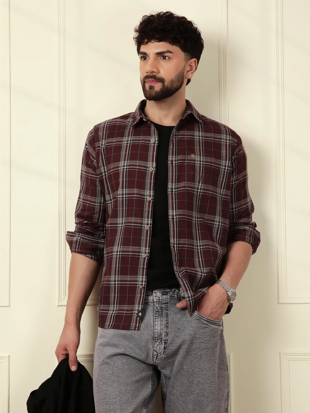Textured Dobby Cotton Shirt | Maroon - Image 2