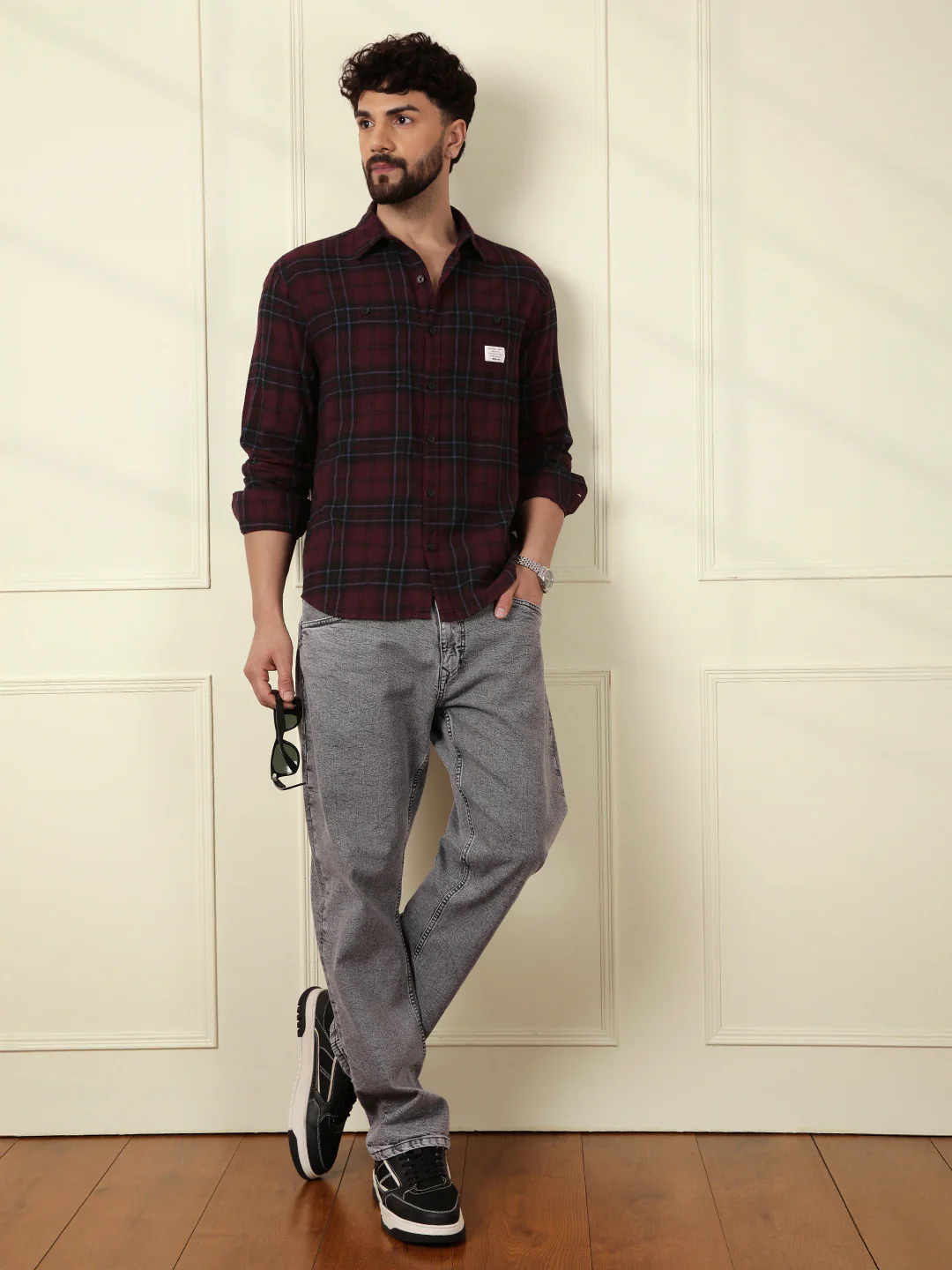 Tonal Checked Comfort Fit Shirt | Maroon - Image 2