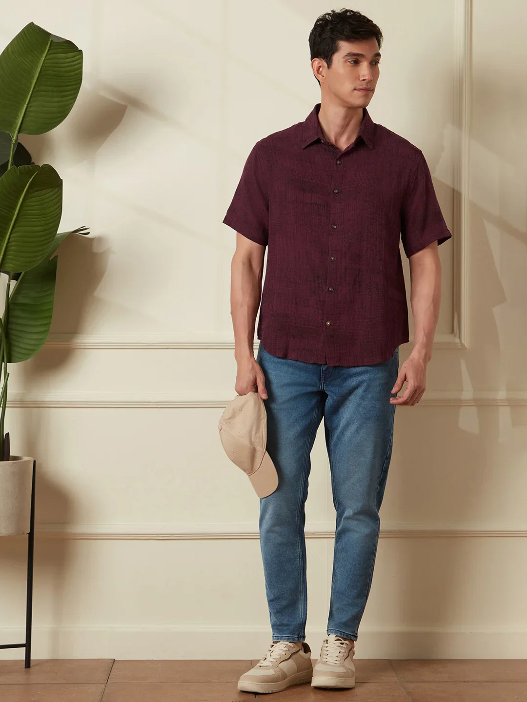 Printed Double Cloth Shirt | Maroon - Image 2