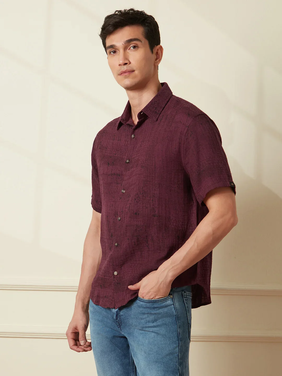 Printed Double Cloth Shirt | Maroon - Image 4