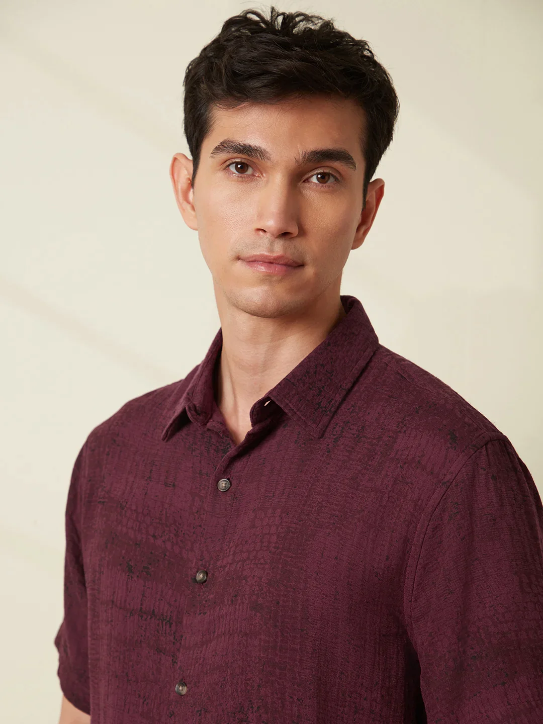 Printed Double Cloth Shirt | Maroon - Image 5