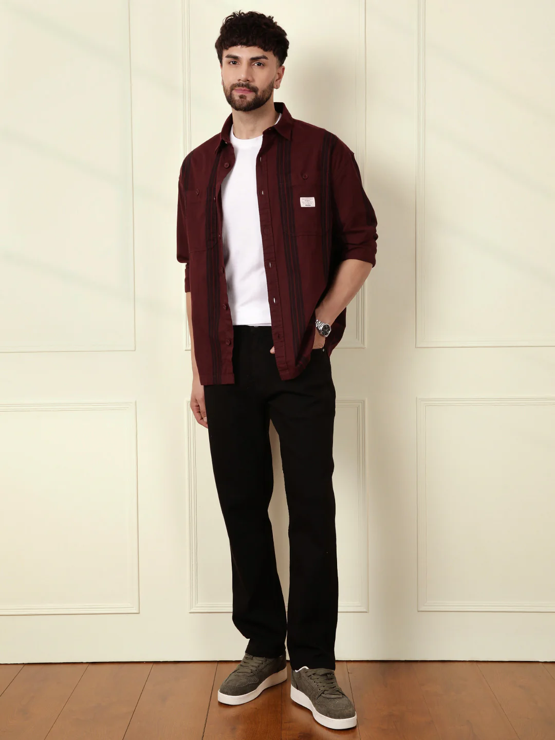 Textured Stripes Oversized Shirt | Maroon - Image 2