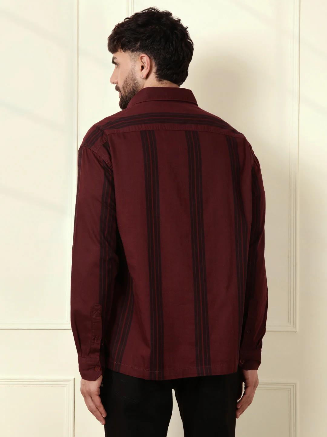 Textured Stripes Oversized Shirt | Maroon - Image 3