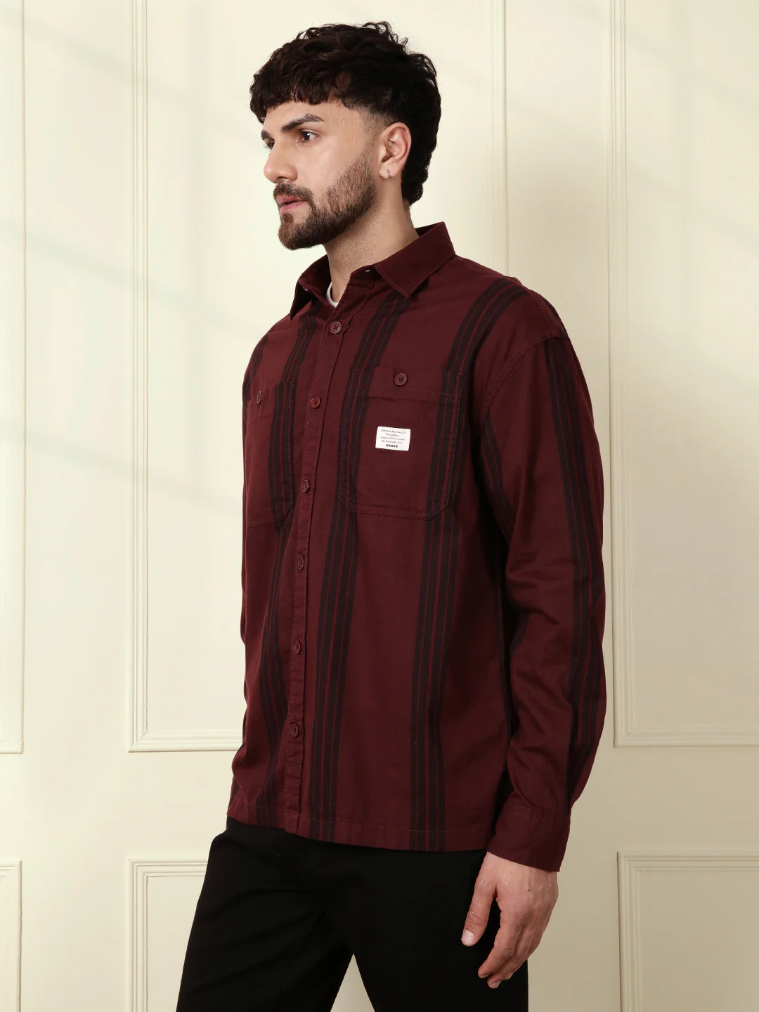 Textured Stripes Oversized Shirt | Maroon - Image 4