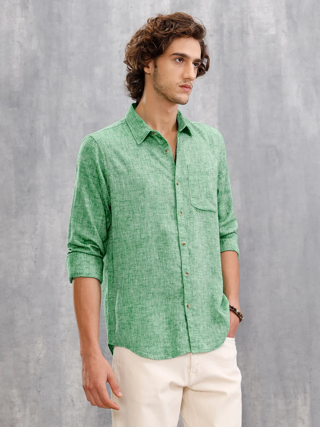 Melange Look 100%Cotton Regular Fit Shirt | Green - Image 4