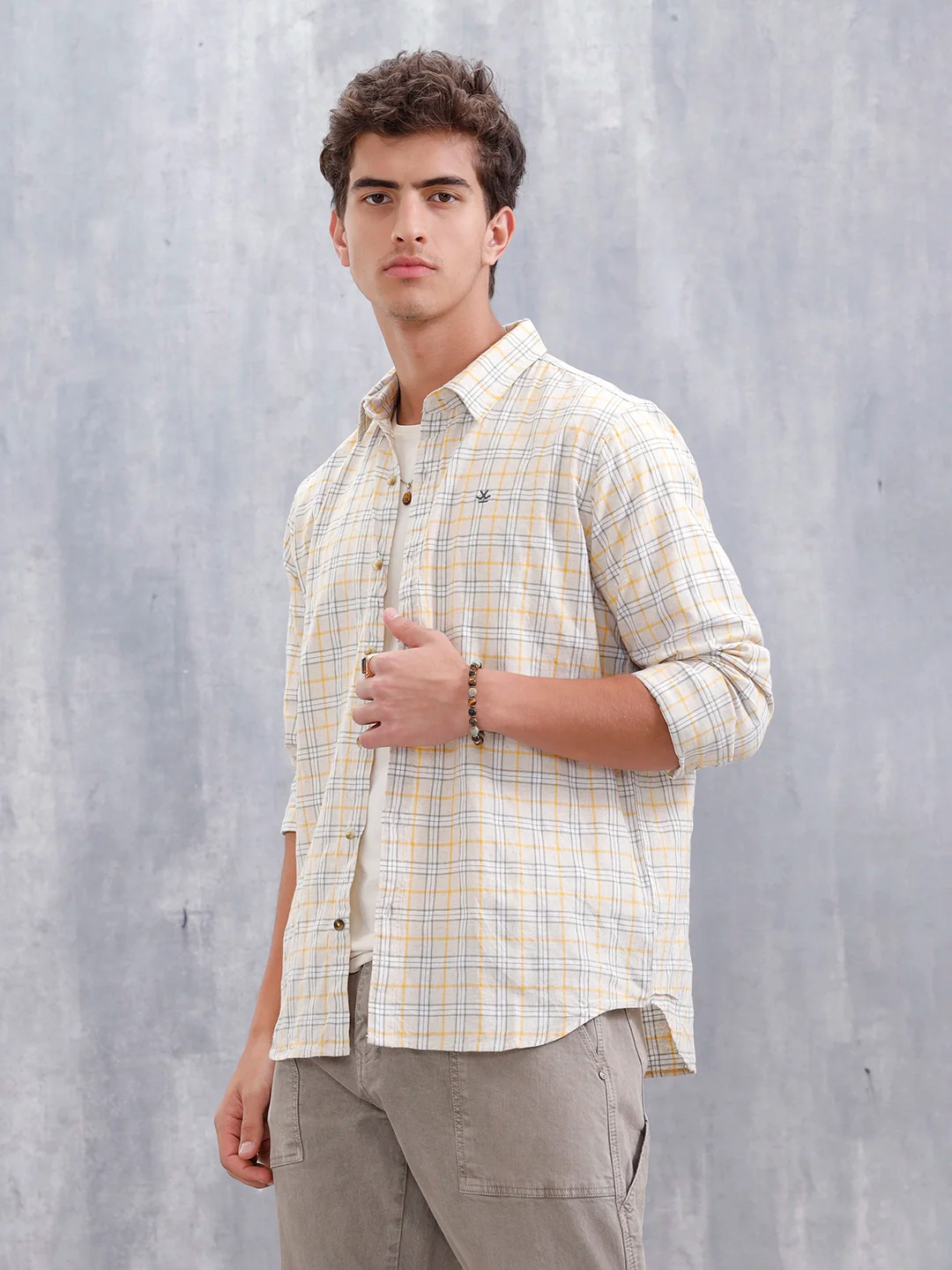 Men Checkered Pattern Slim Fit Shirt  | Beige - Image 4
