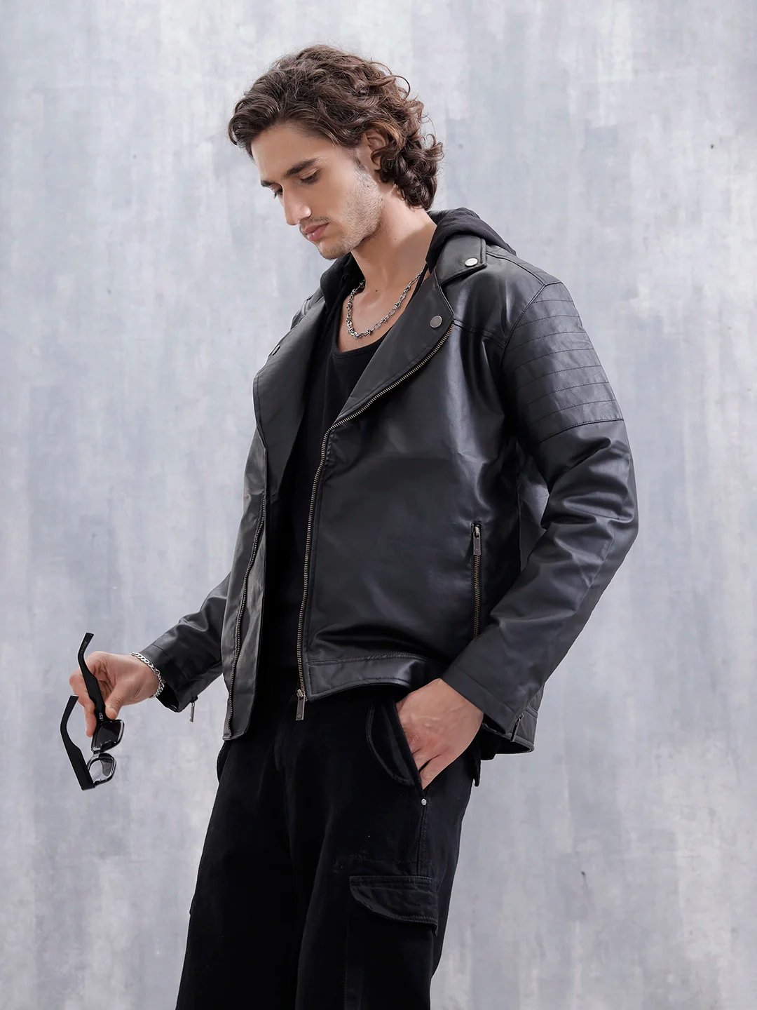 Men’s Black Slim Fit Biker Jacket | Black - Image 4