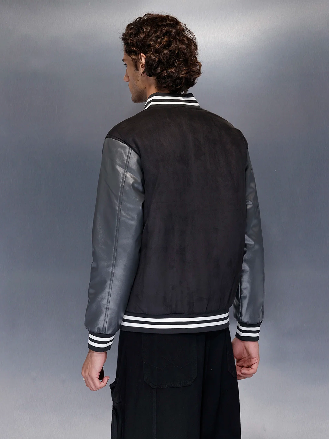 Men’s black varsity jacket with leather sleeves | Black - Image 2