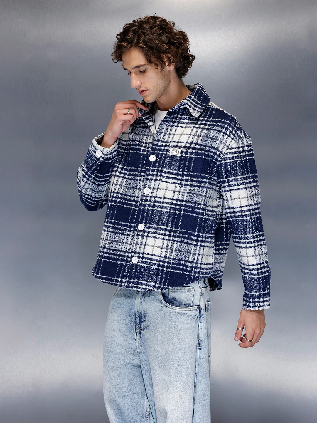 Men’s brushed bold check shacket | Navy Blue - Image 3