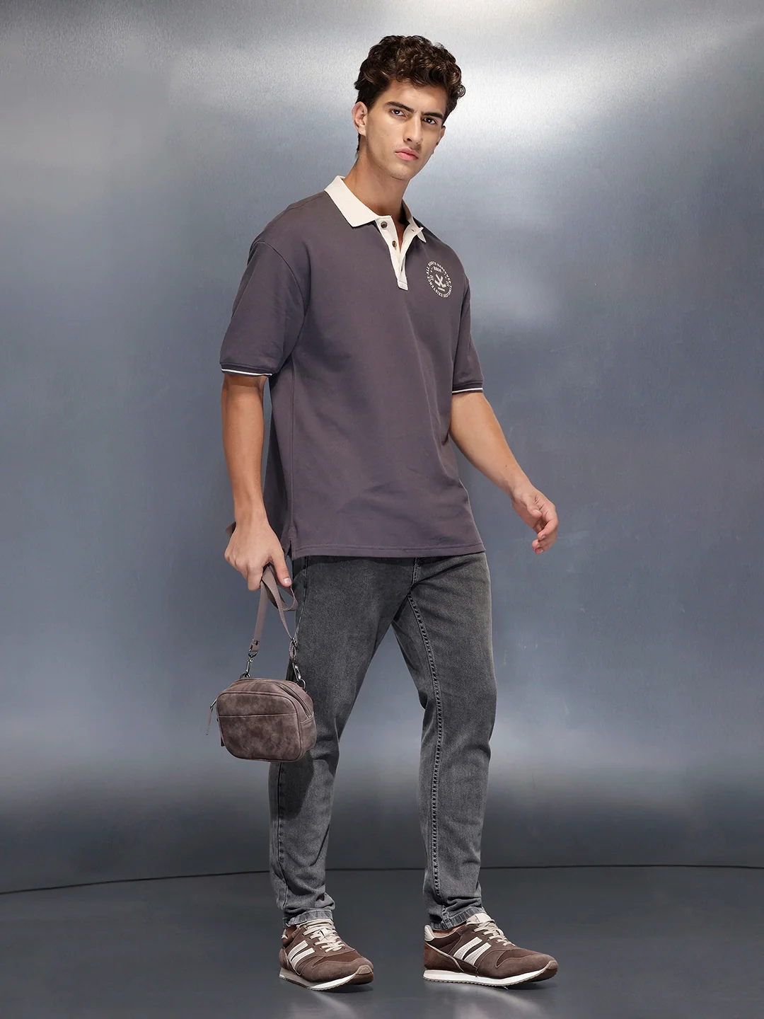 Men’s casual contrast collar polo t-shirt | Charcoal - Image 2