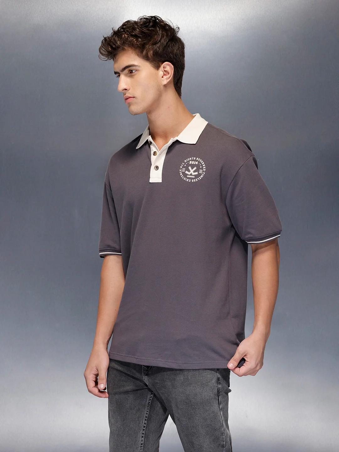 Men’s casual contrast collar polo t-shirt | Charcoal - Image 4