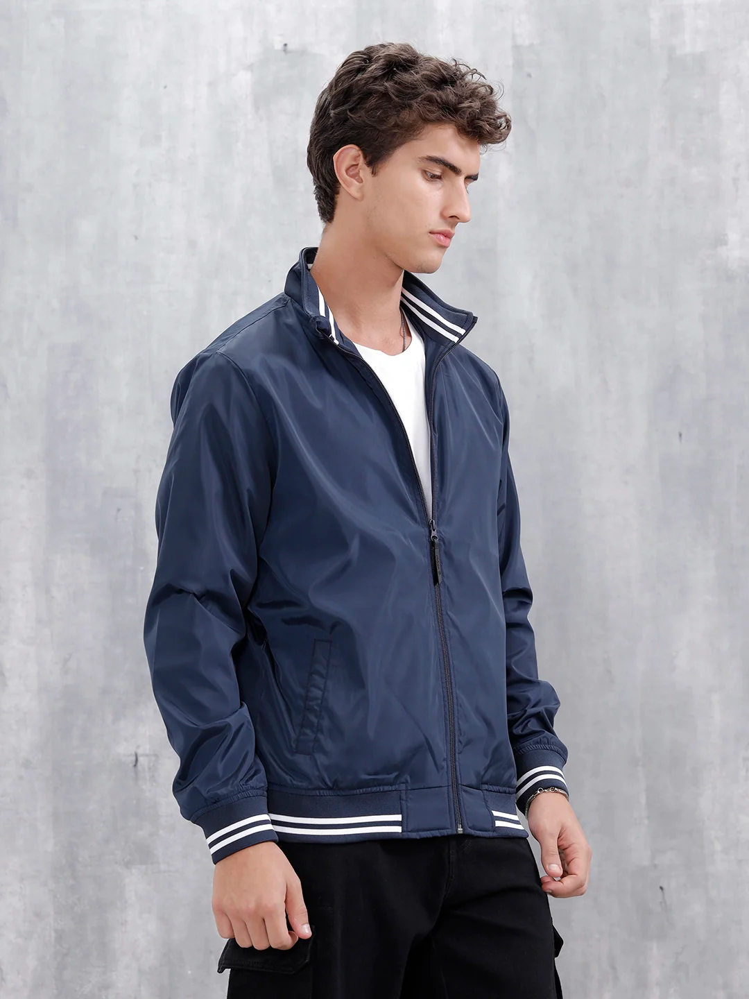 Men's Casual Zip-Up Jacket With Contrast Trim  | Navy Blue - Image 4