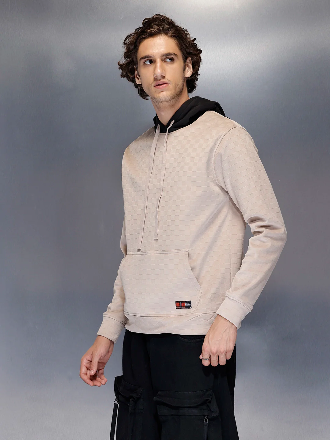 Men’s check-textured & black hoodie | Beige - Image 4
