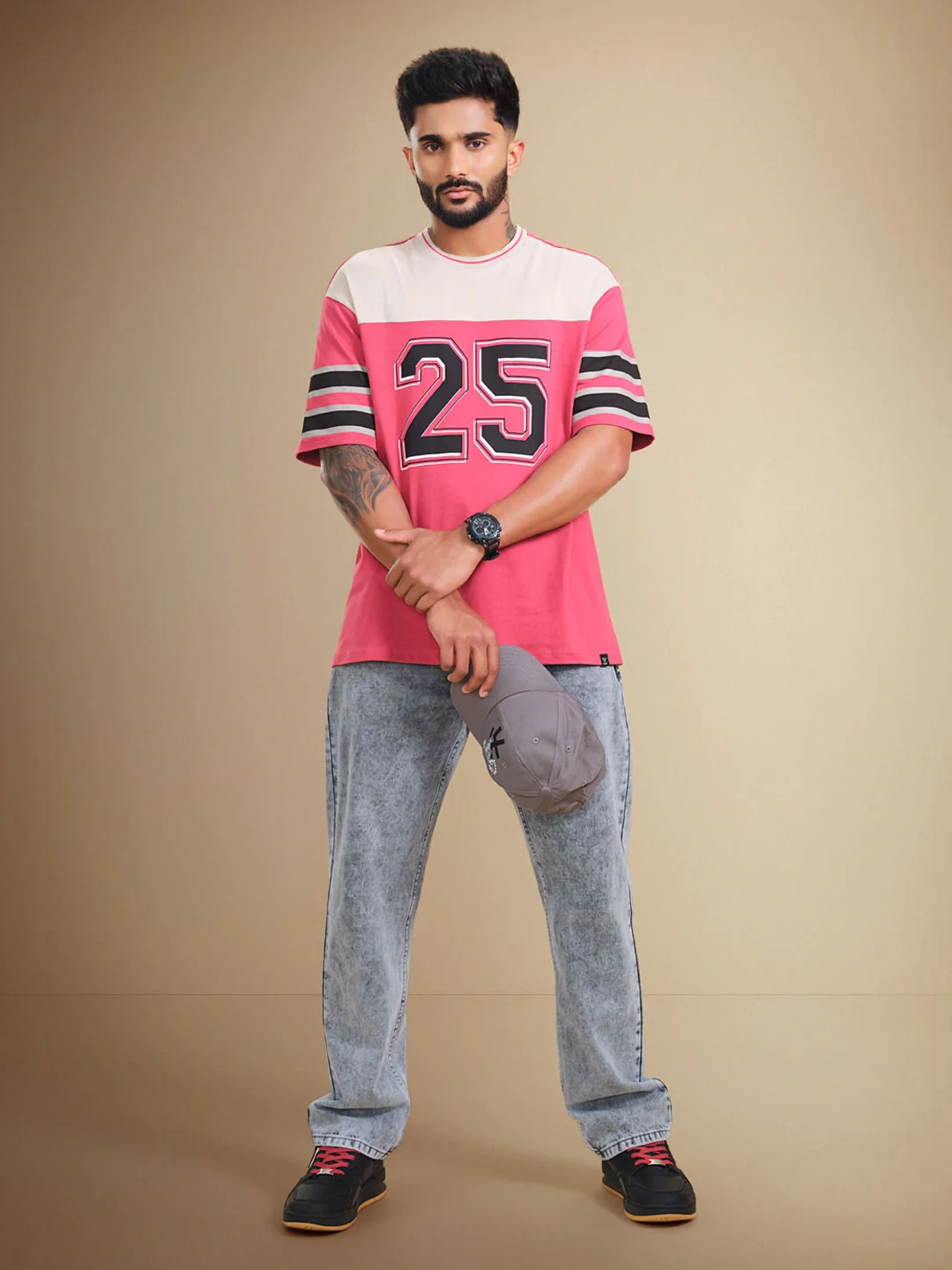 Men’s Colorblock Varsity Graphic Oversized Fit T-Shirt | Red - Image 2
