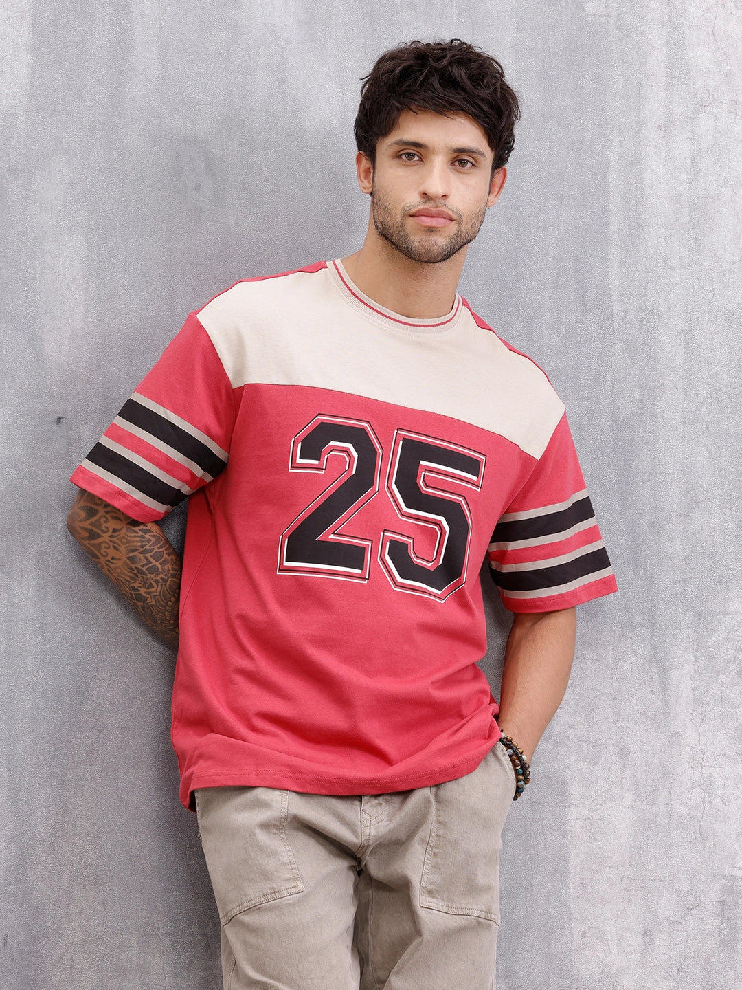 Men’s Colorblock Varsity Graphic Oversized Fit T-Shirt | Red - Image 3