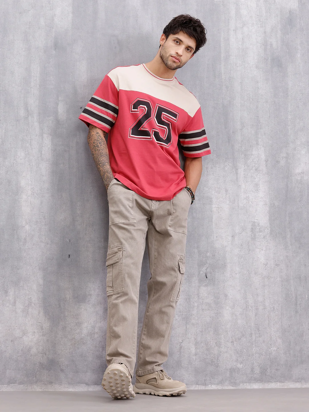 Men’s Colorblock Varsity Graphic Oversized Fit T-Shirt | Red - Image 4