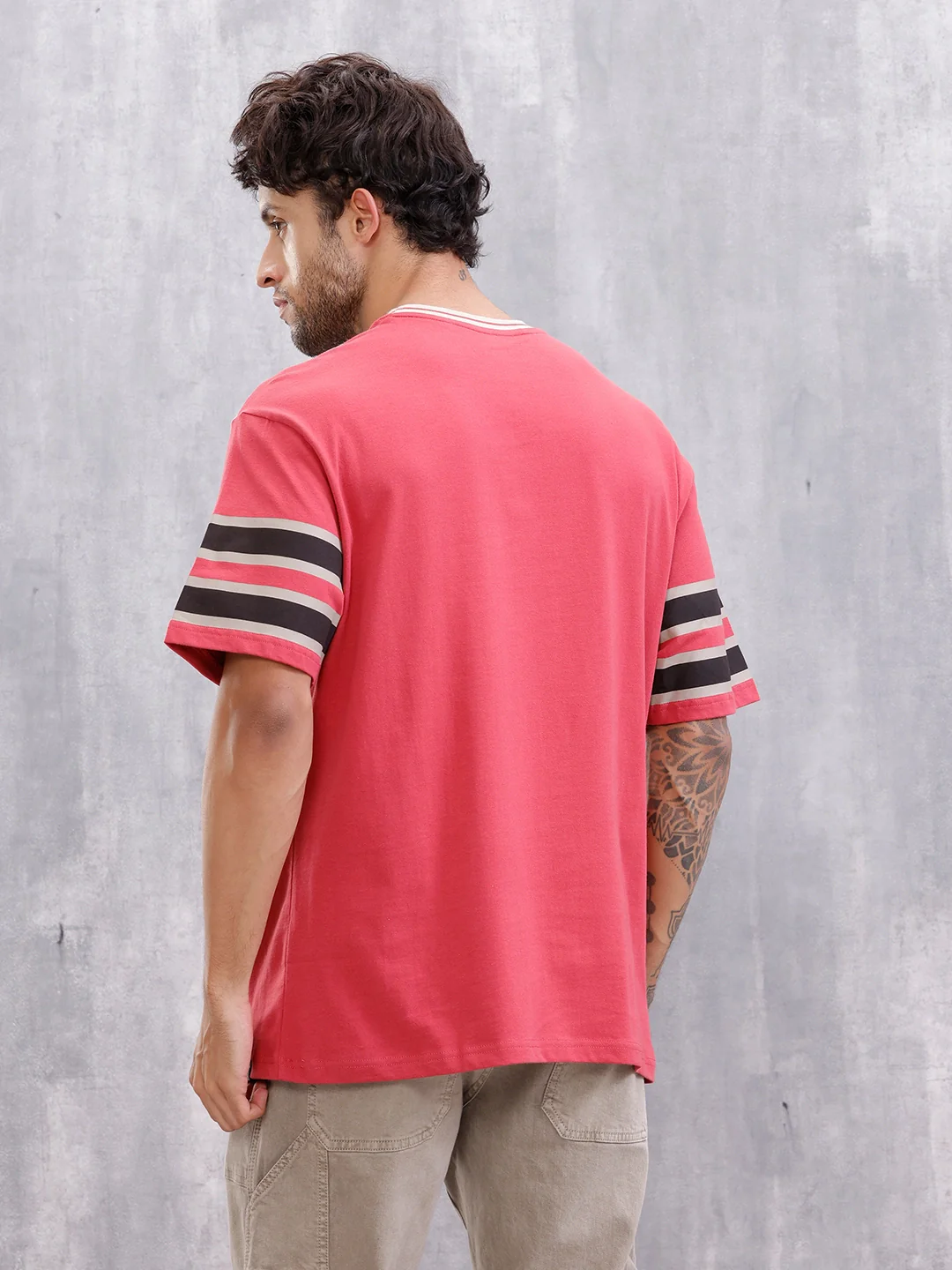 Men’s Colorblock Varsity Graphic Oversized Fit T-Shirt | Red - Image 5