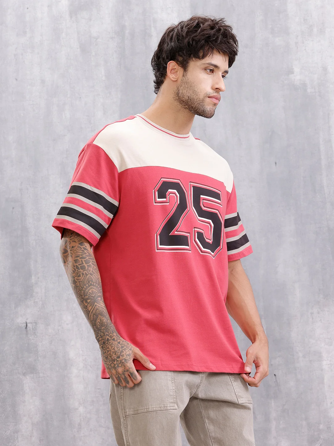 Men’s Colorblock Varsity Graphic Oversized Fit T-Shirt | Red - Image 6