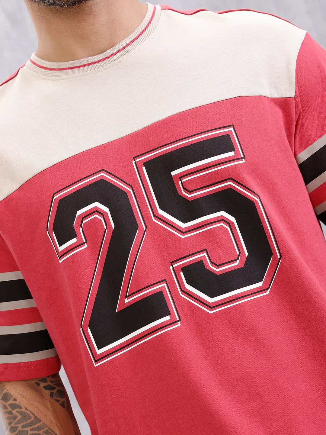Men’s Colorblock Varsity Graphic Oversized Fit T-Shirt | Red - Image 7