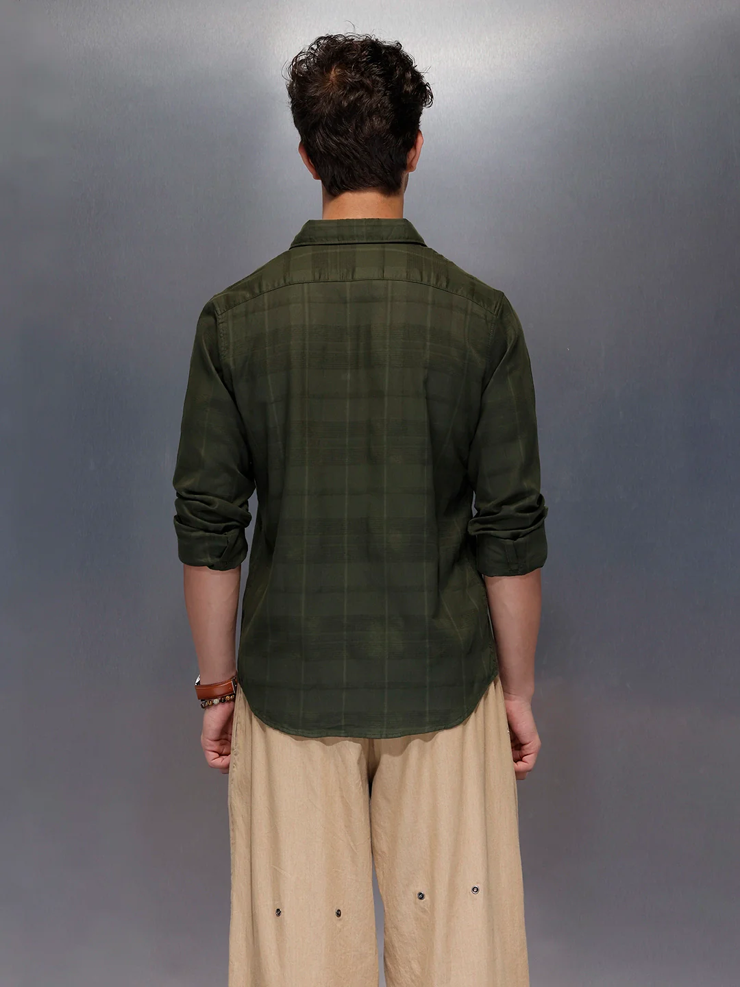 Men’s Dark Green Subtle Check Shirt | Olive - Image 3