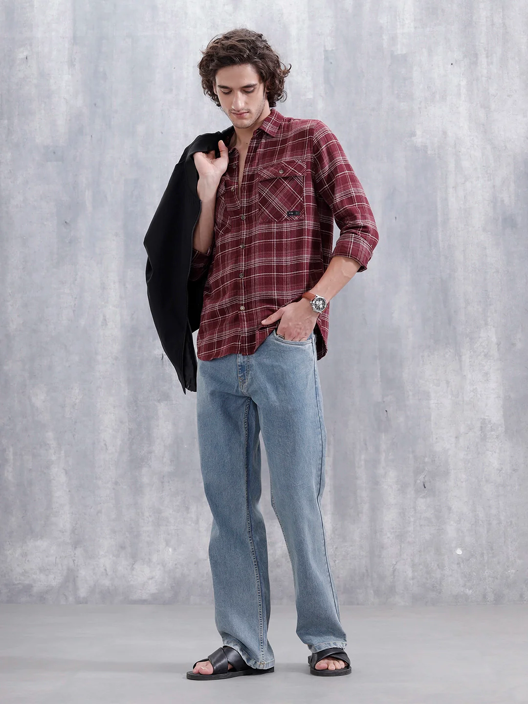 Men’s Double Pocket Checkered Pattern Shirt | Maroon - Image 2