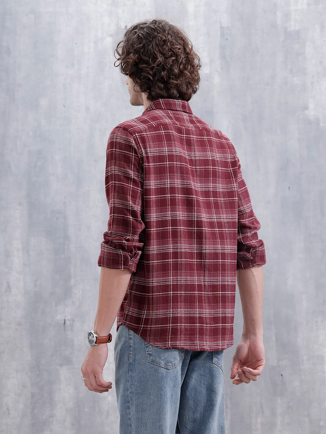 Men’s Double Pocket Checkered Pattern Shirt | Maroon - Image 3