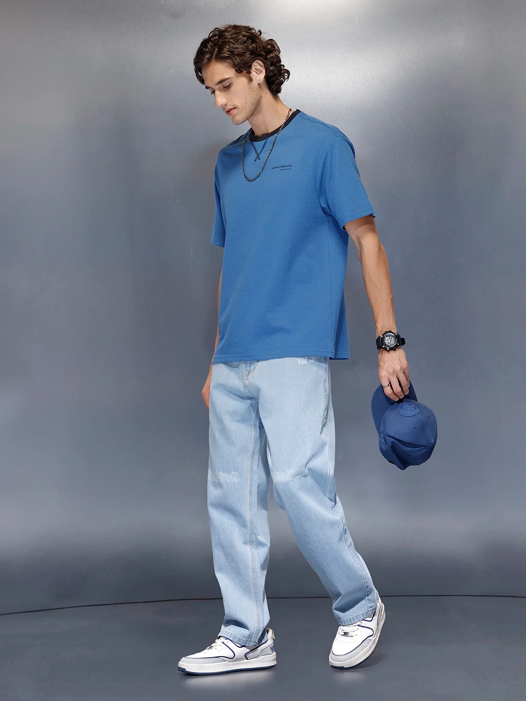 Men’s minimal oversized T-shirt with contrast neck | Blue - Image 2