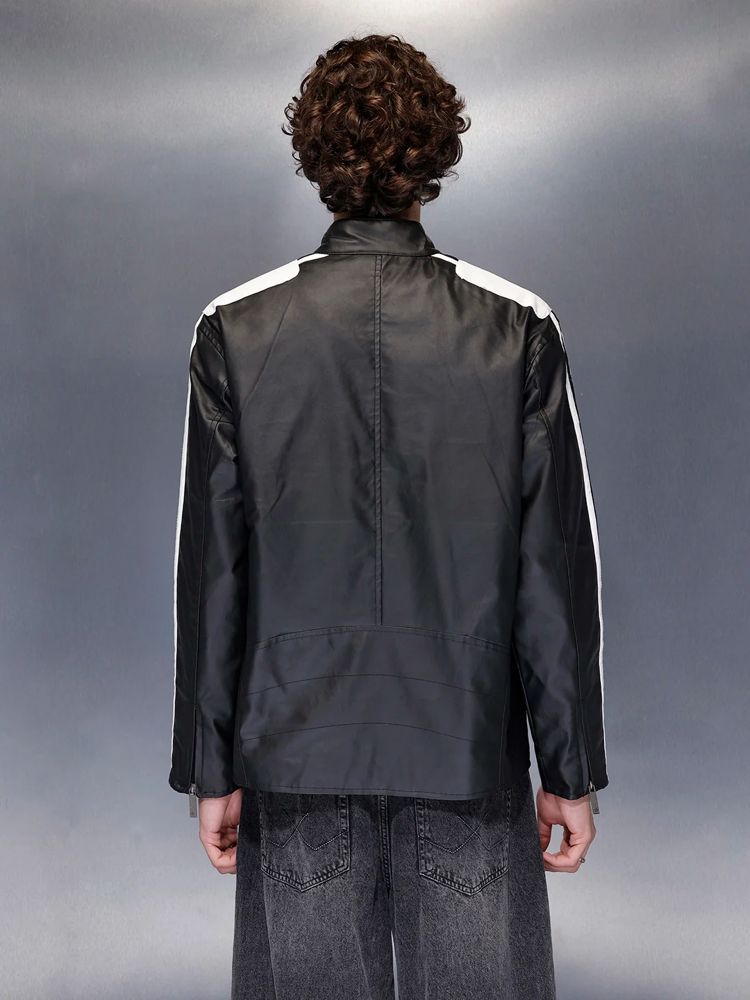 Men’s moto-style jacket with contrast stripes | Black - Image 2