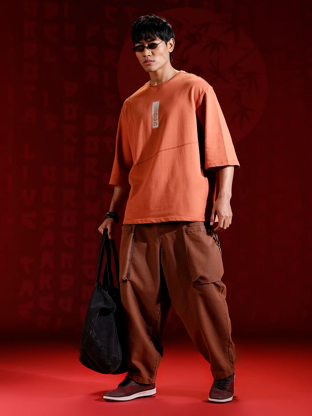 Men’s oversized 3/4 sleeve T-shirt with chest print & tonal stich detail | Rust - Image 2