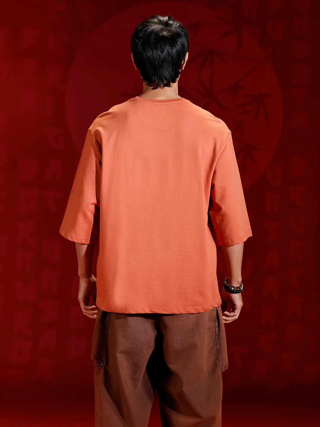 Men’s oversized 3/4 sleeve T-shirt with chest print & tonal stich detail | Rust - Image 3