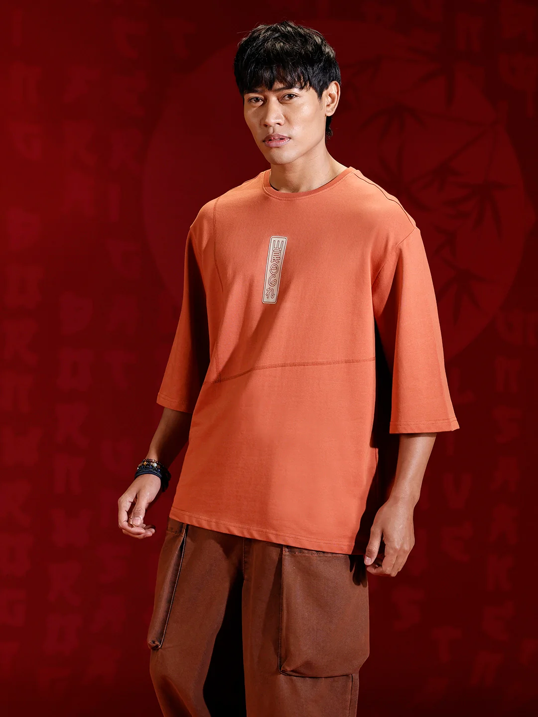 Men’s oversized 3/4 sleeve T-shirt with chest print & tonal stich detail | Rust - Image 4