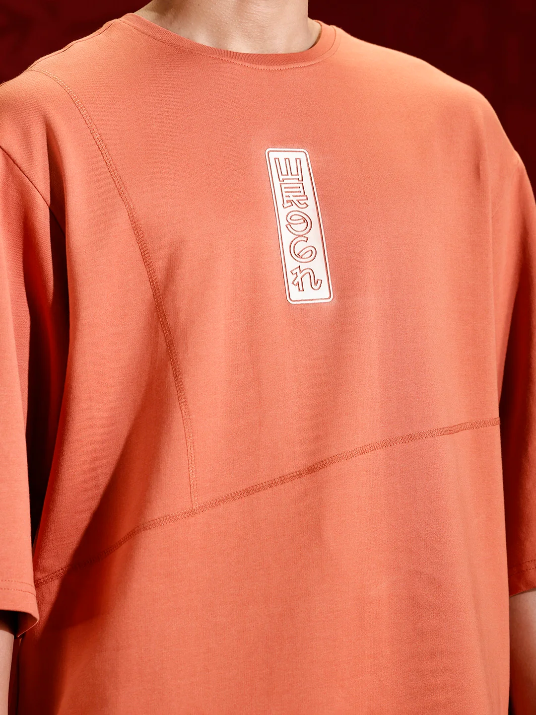 Men’s oversized 3/4 sleeve T-shirt with chest print & tonal stich detail | Rust - Image 5