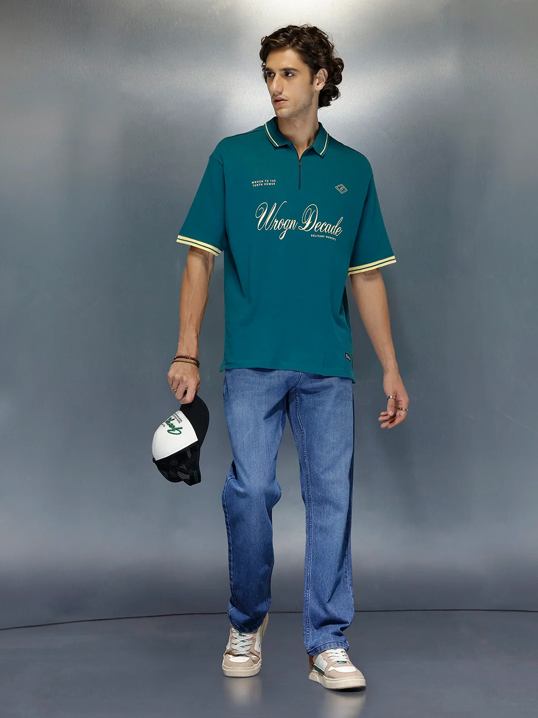 Men’s Retro Script print Zip Polo | Dark Teal - Image 2