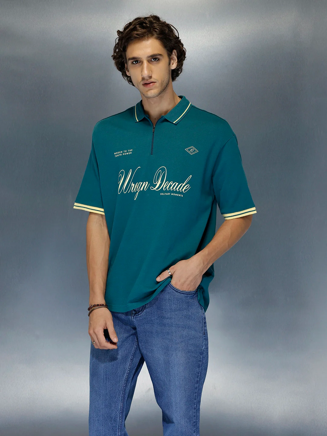 Men’s Retro Script print Zip Polo | Dark Teal - Image 4
