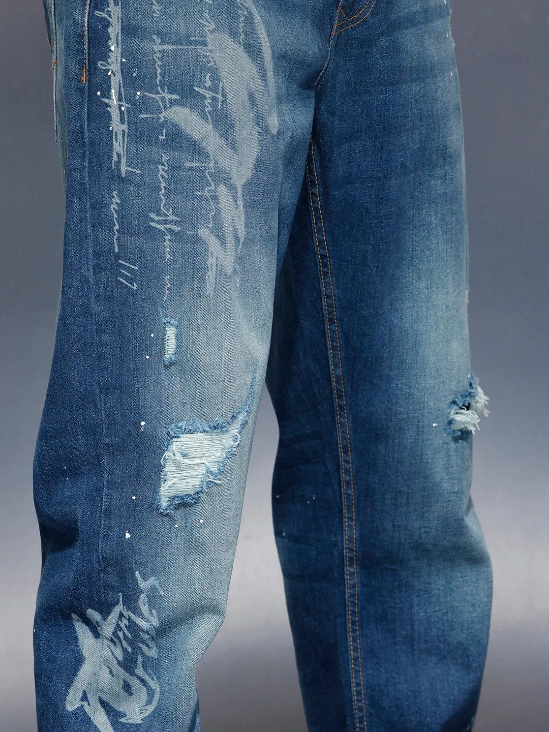 Men’s Rugged Wash Denim with Paint Splatter | Med Stone - Image 5