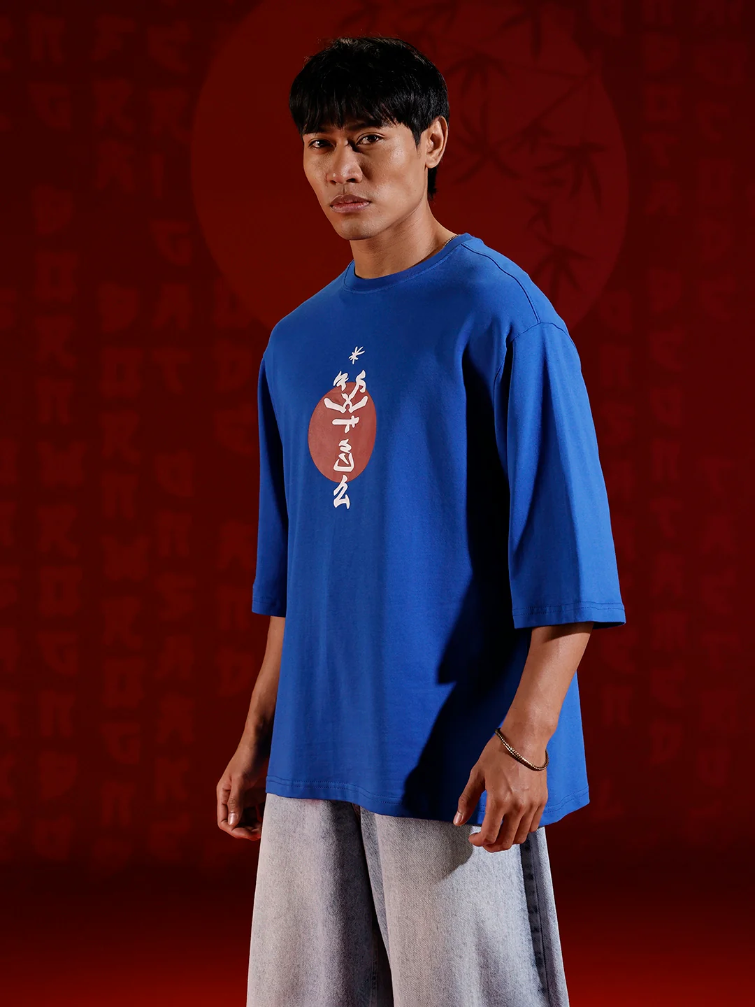 Men’s samurai mask graphic oversized T-shirt | Blue - Image 5