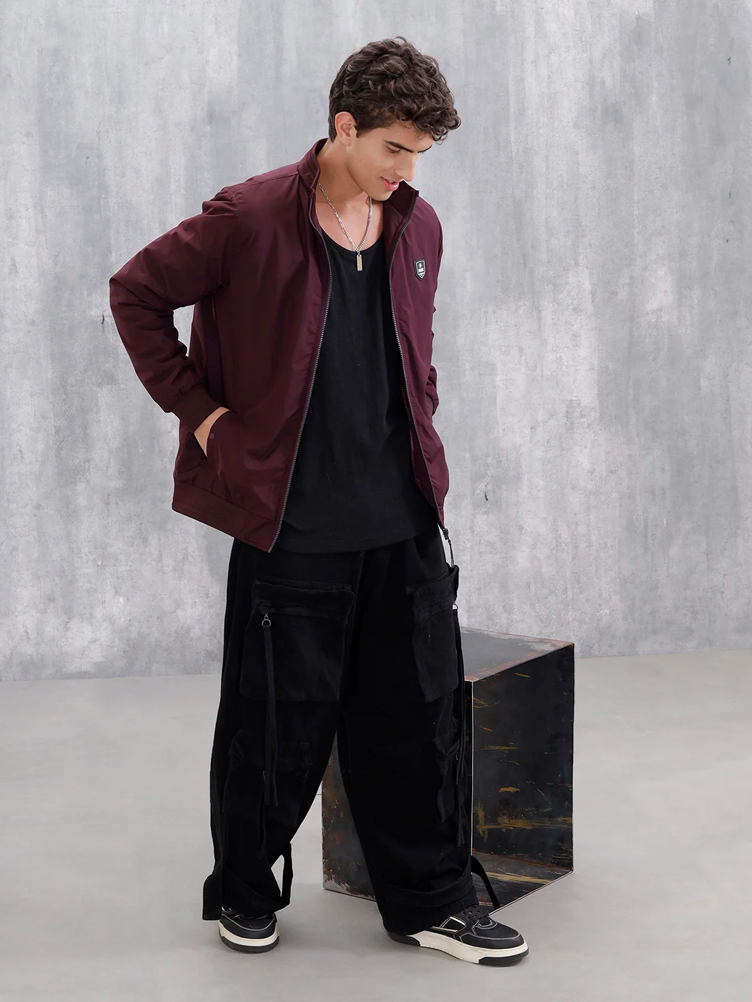 Men's Solid Casual Bomber Jacket  | Maroon - Image 2