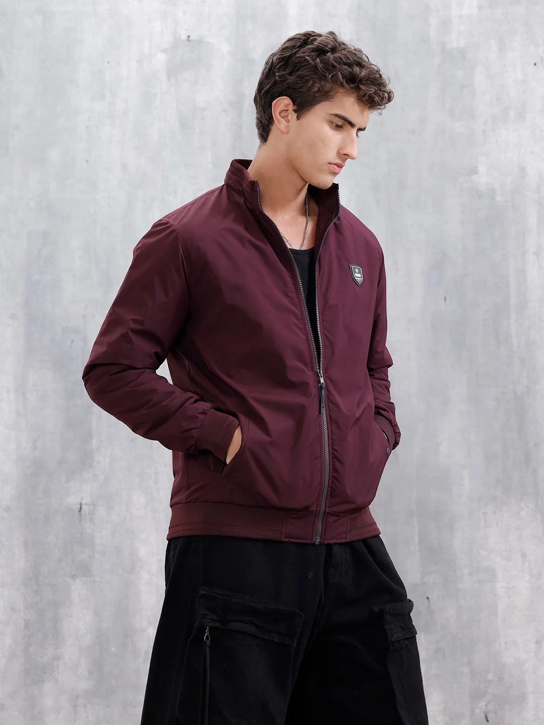 Men's Solid Casual Bomber Jacket  | Maroon - Image 4