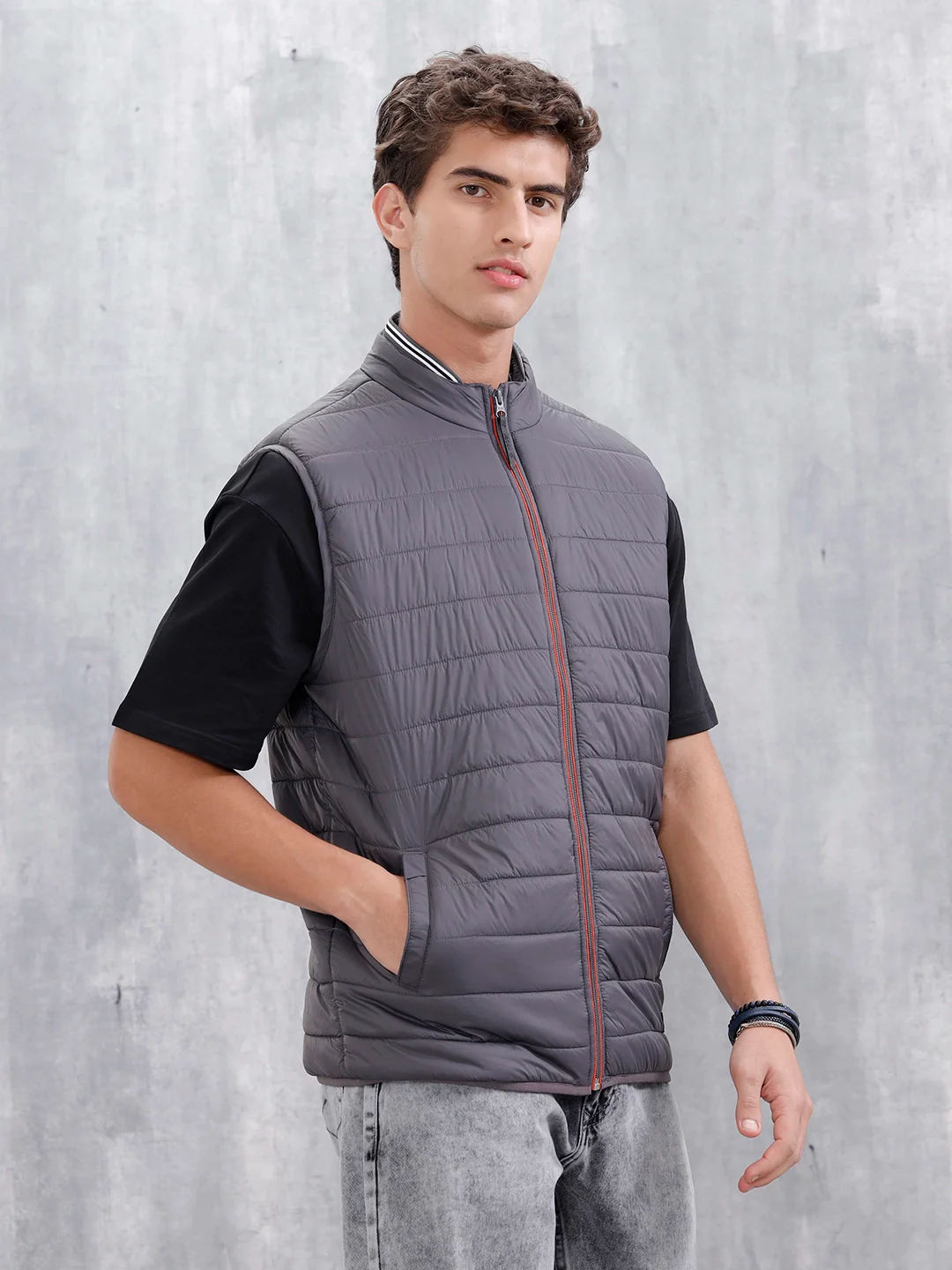 Men's Solid Casual Puffer Jacket | Grey - Image 4