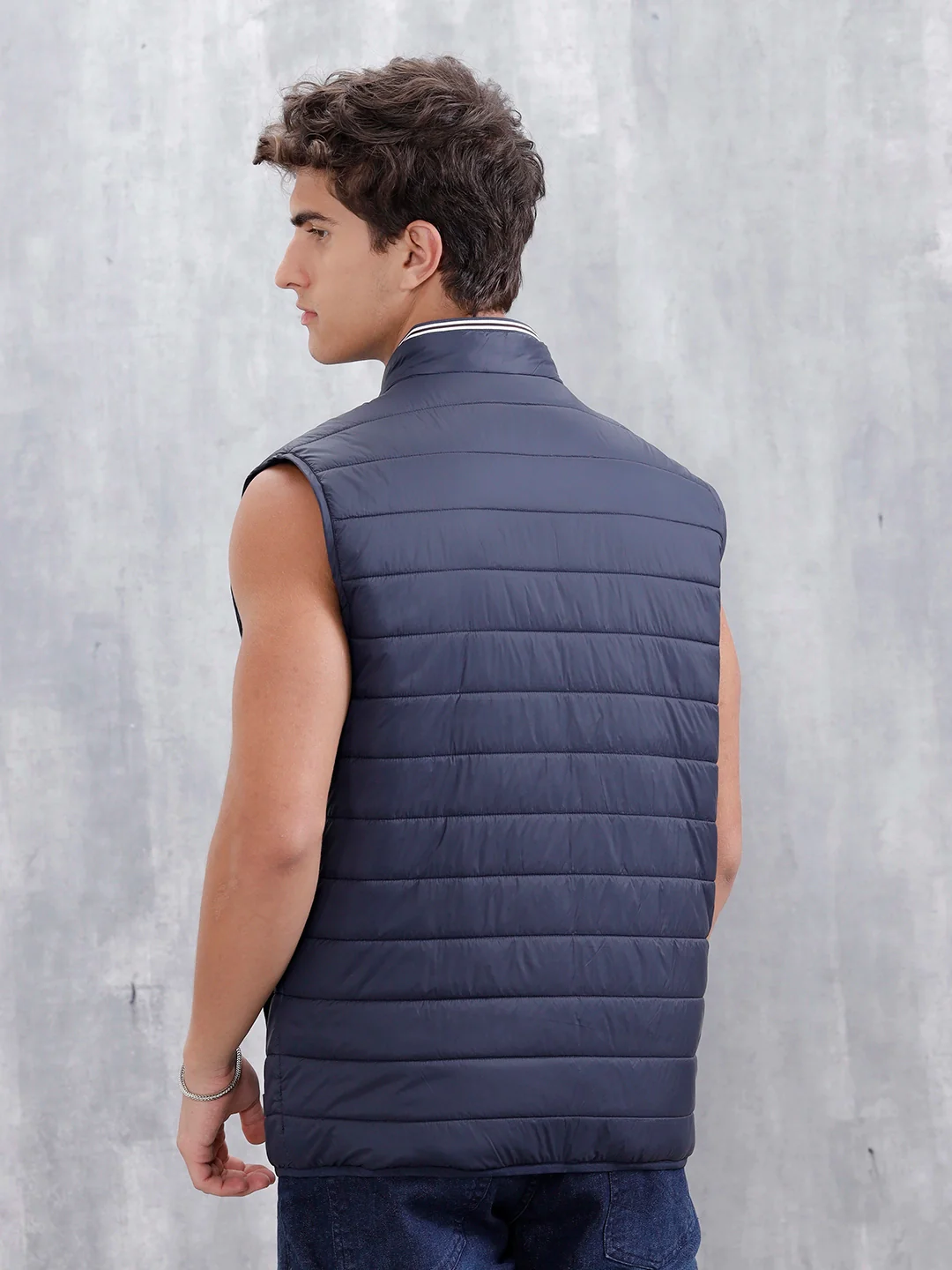 Men's Solid Casual Puffer Jacket  | Navy Blue - Image 3