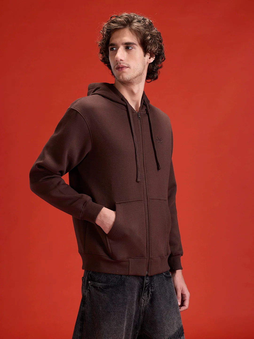 Men's Solid Zip-Up Hoodie Sweatshirt | Java - Image 8