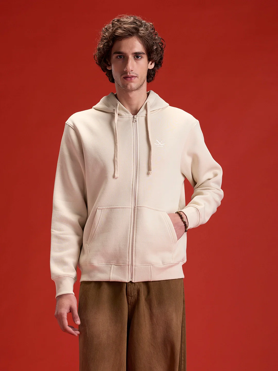 Men’s Solid Zip-Up Hoodie Sweatshirt | Tapioca - Image 3