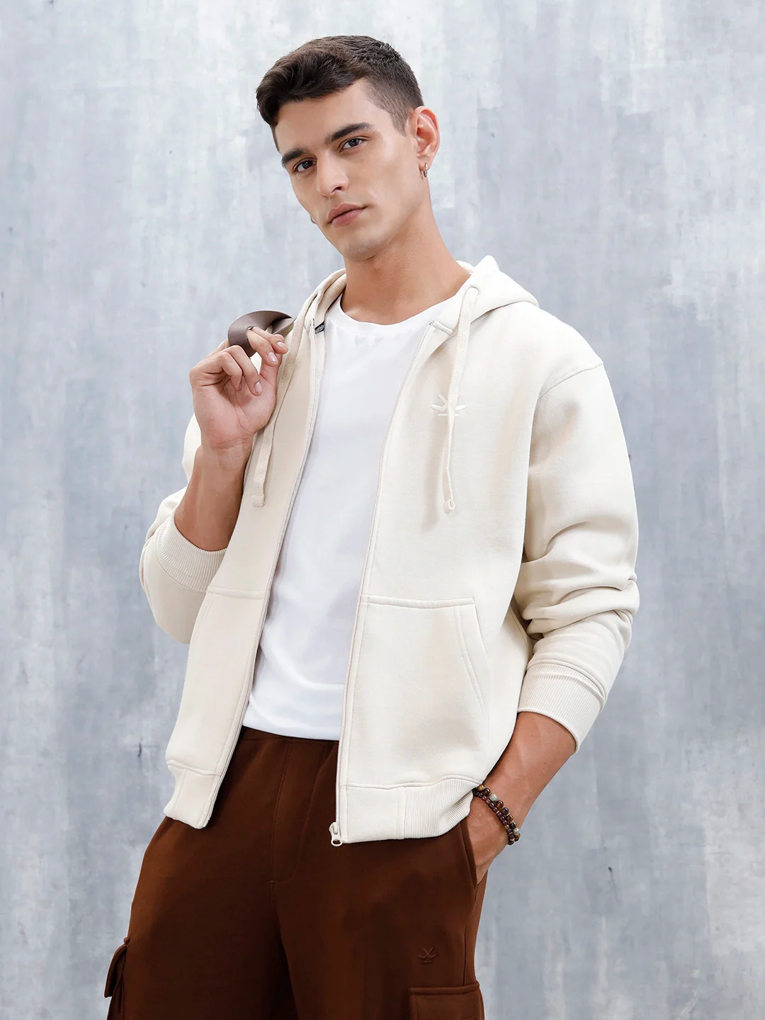 Men’s Solid Zip-Up Hoodie Sweatshirt | Tapioca - Image 5