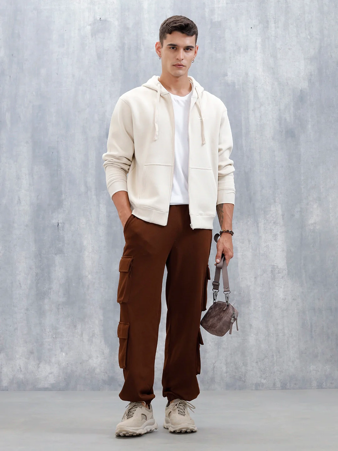 Men’s Solid Zip-Up Hoodie Sweatshirt | Tapioca - Image 6