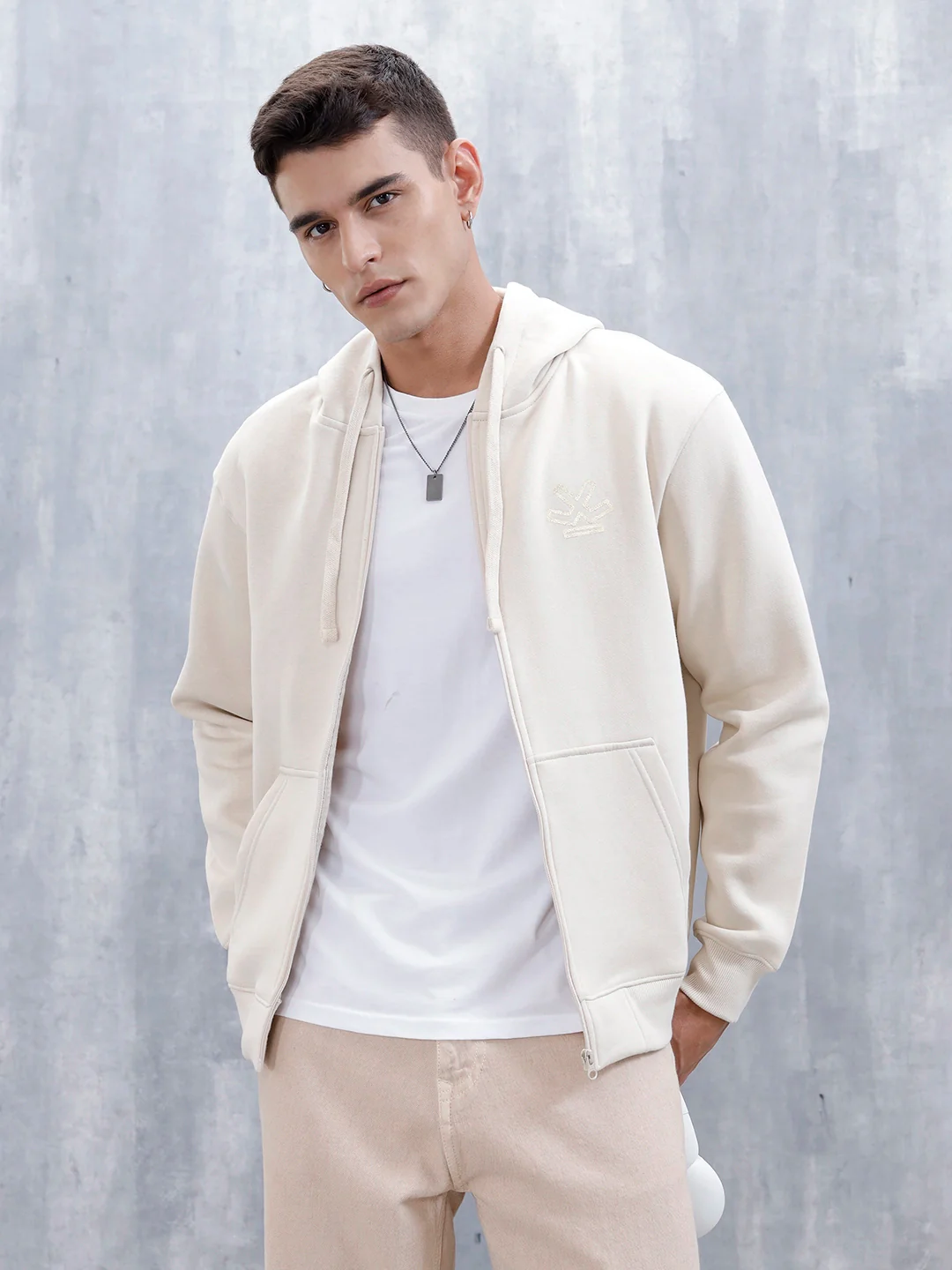 Men’s Solid Zip-Up Hoodie Sweatshirt | Tapioca - Image 2