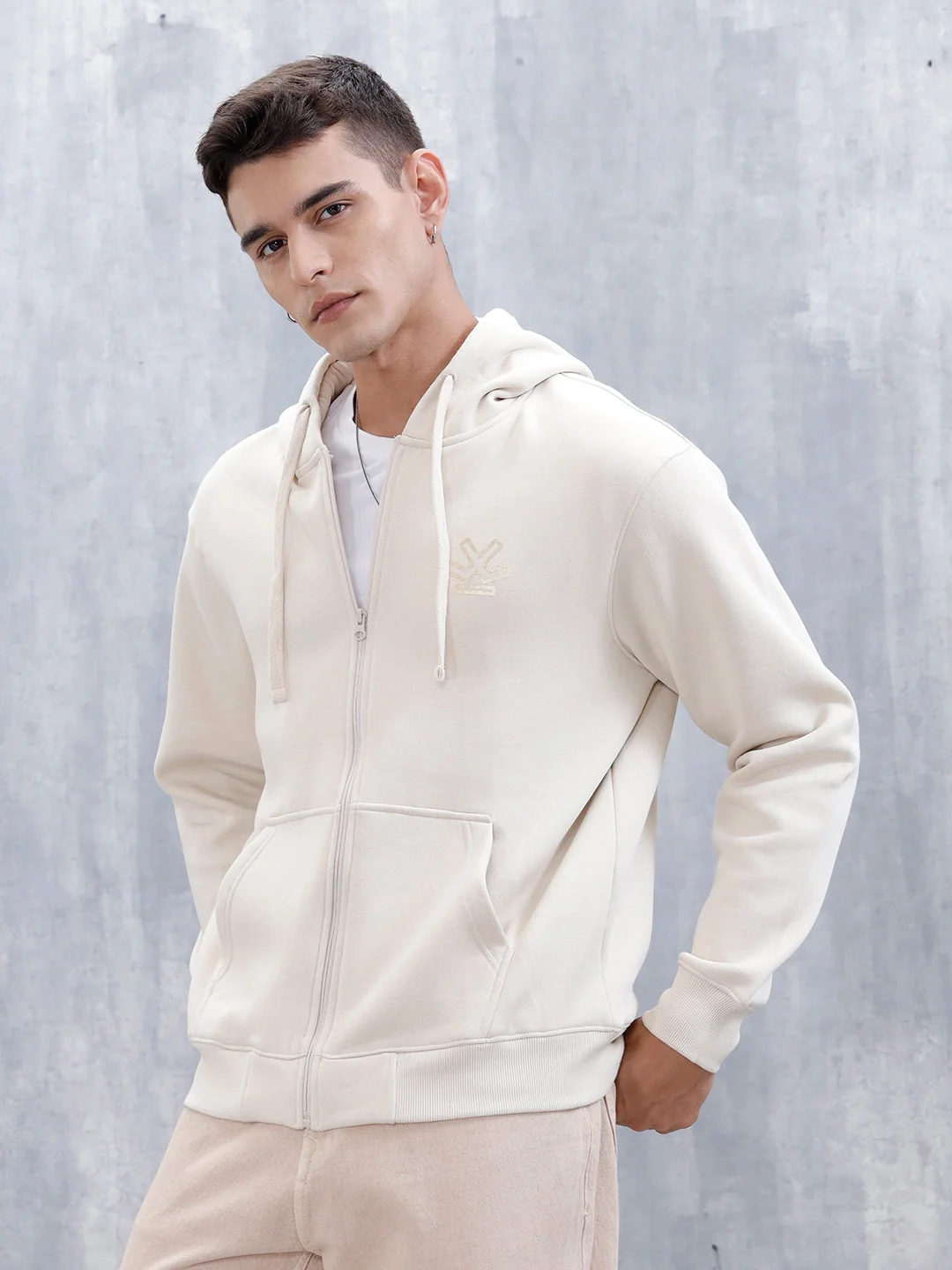 Men’s Solid Zip-Up Hoodie Sweatshirt | Tapioca - Image 5