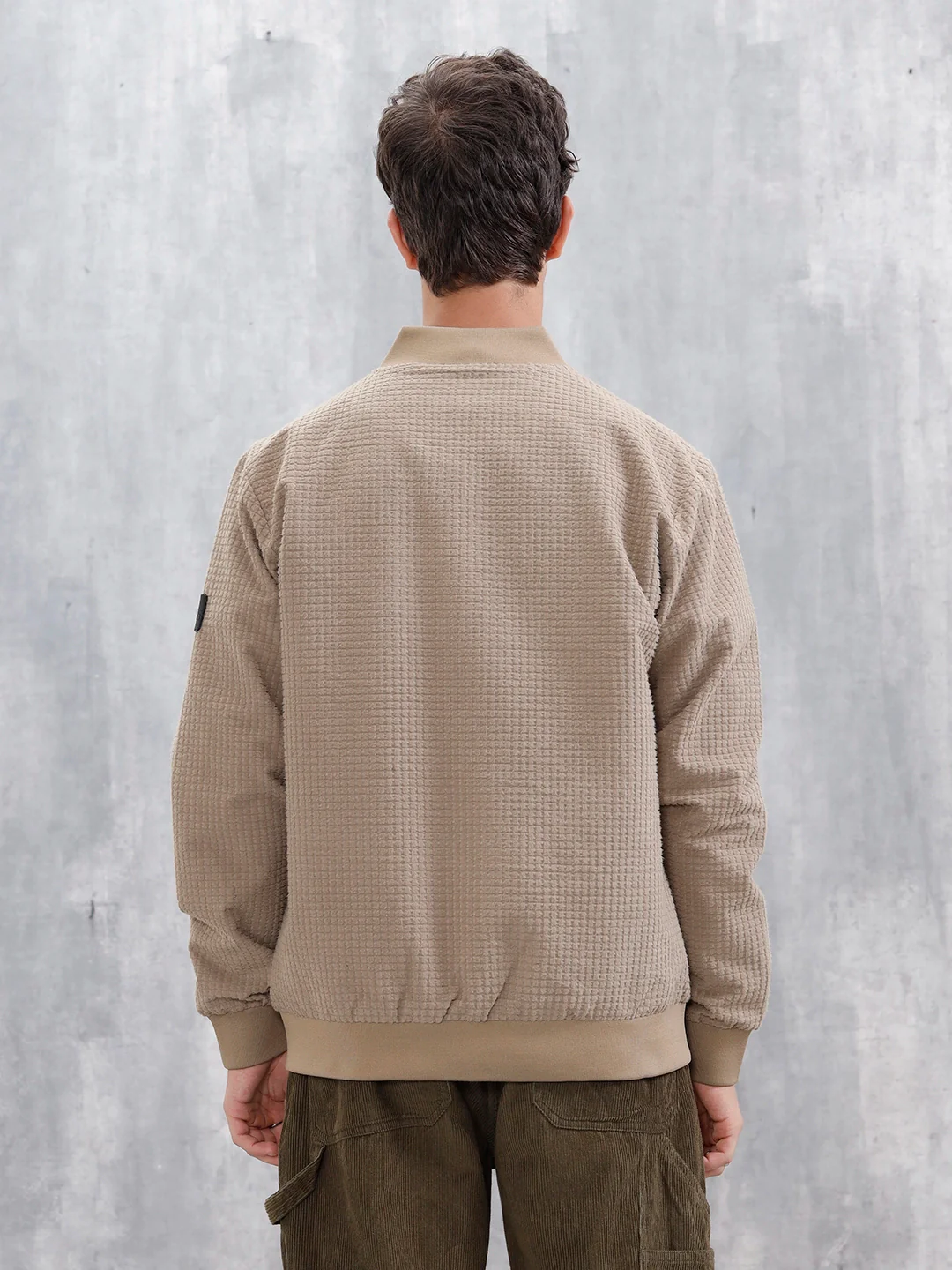 Men’s Textured Casual Bomber Jacket | Beige - Image 2