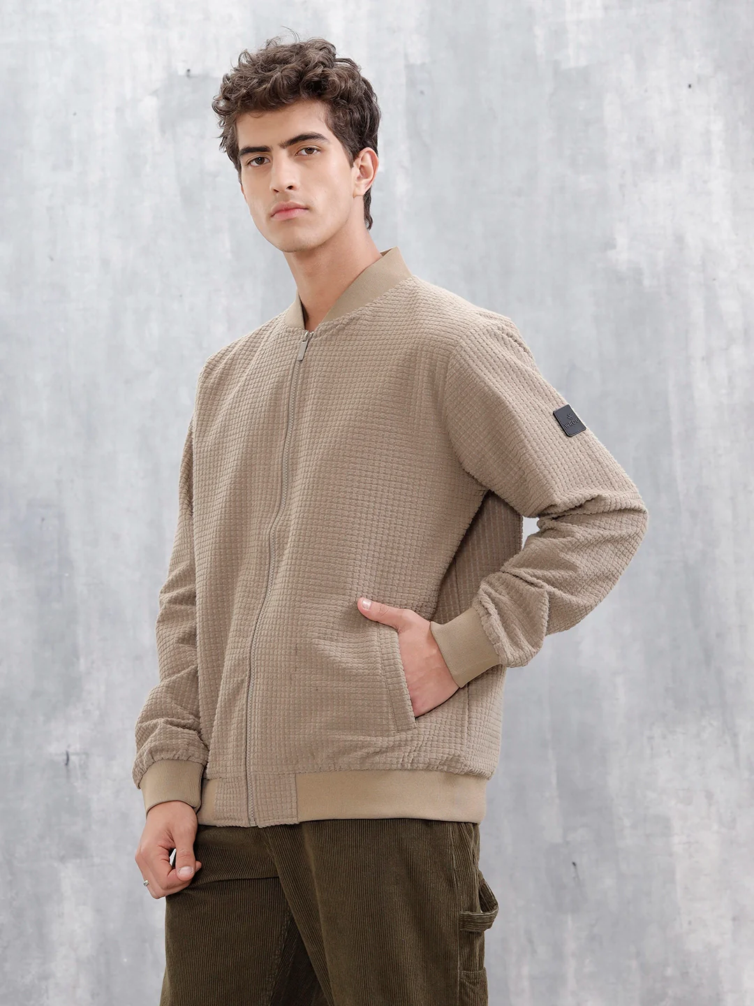 Men’s Textured Casual Bomber Jacket | Beige - Image 3