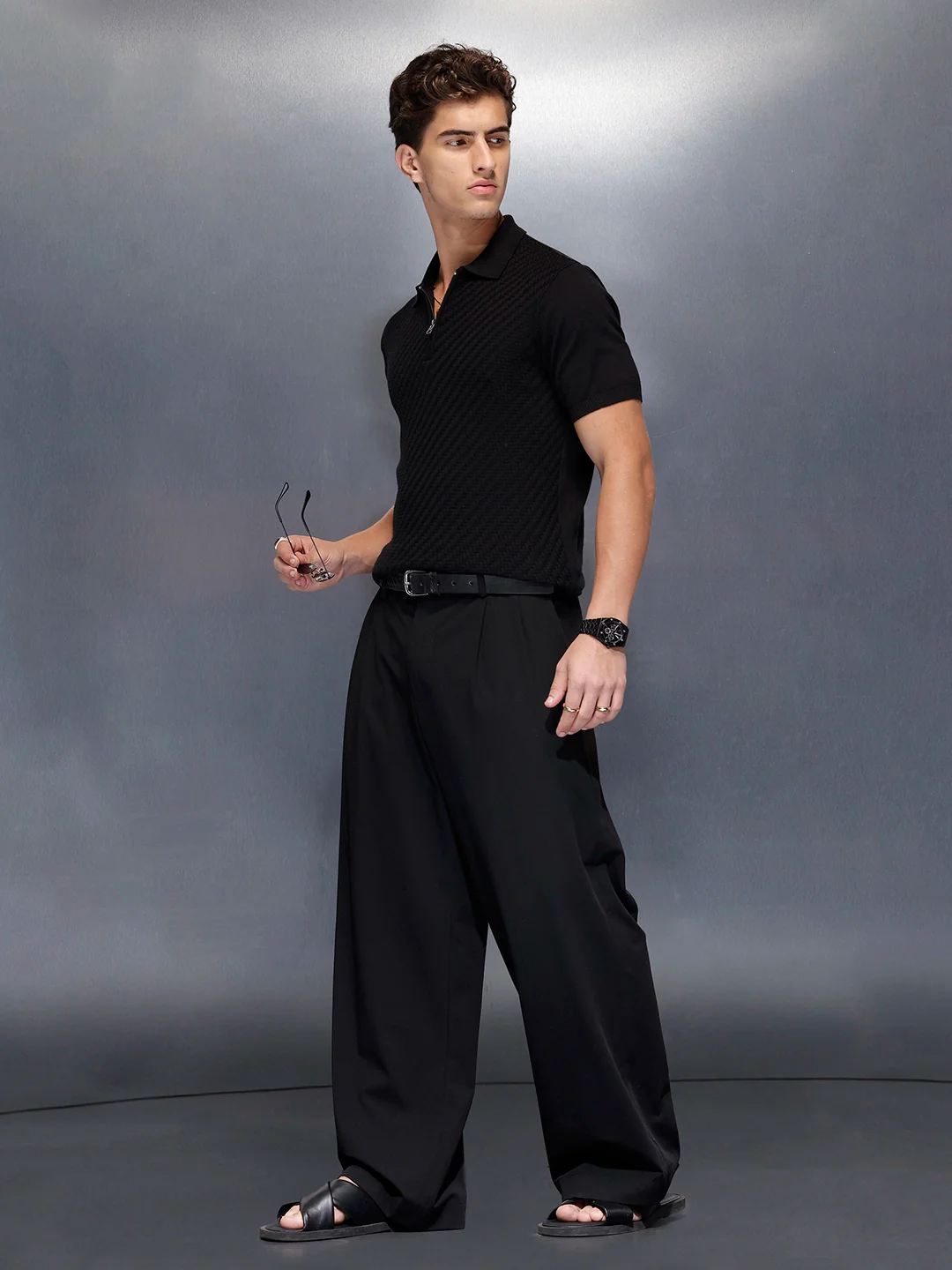 Men’s textured zip polo tshirt | Black - Image 2