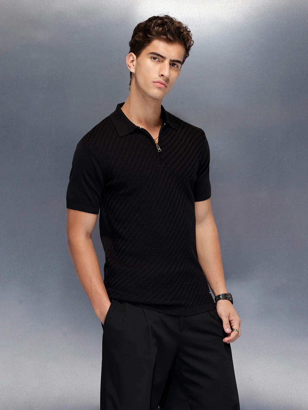 Men’s textured zip polo tshirt | Black - Image 4